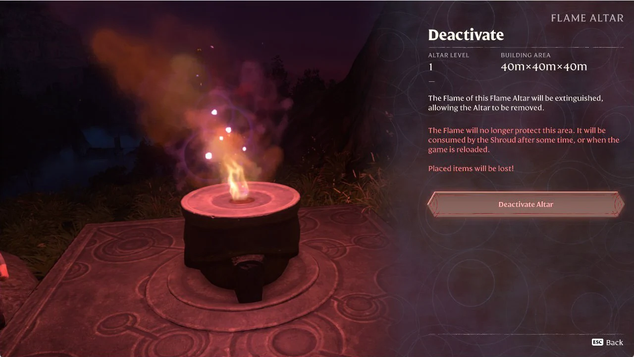 Enshrouded Deactivate panel with red warnings and the Deactivate Altar confirm button