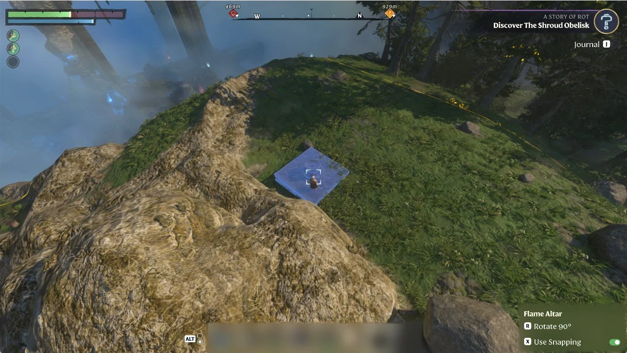 Blue Flame Altar placement preview on a grassy slope with Rotate 90° and Use Snapping options shown