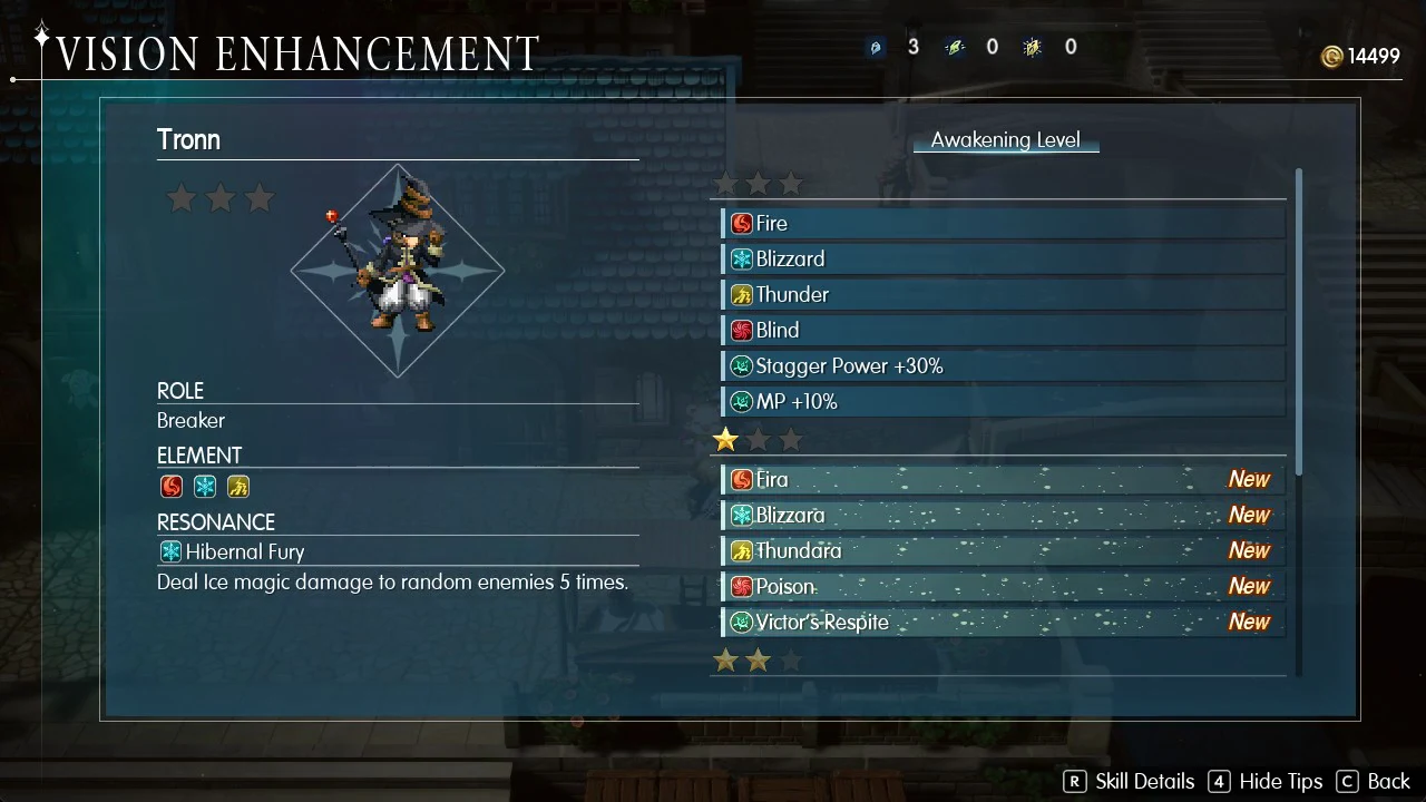 Tronn's Awakening Level list with Fira, Blizzara and other new skills marked New