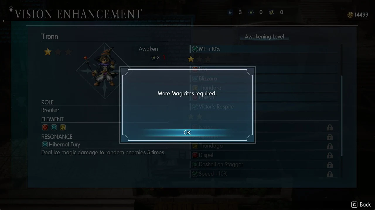 System message reading More Magicites required with the OK button highlighted