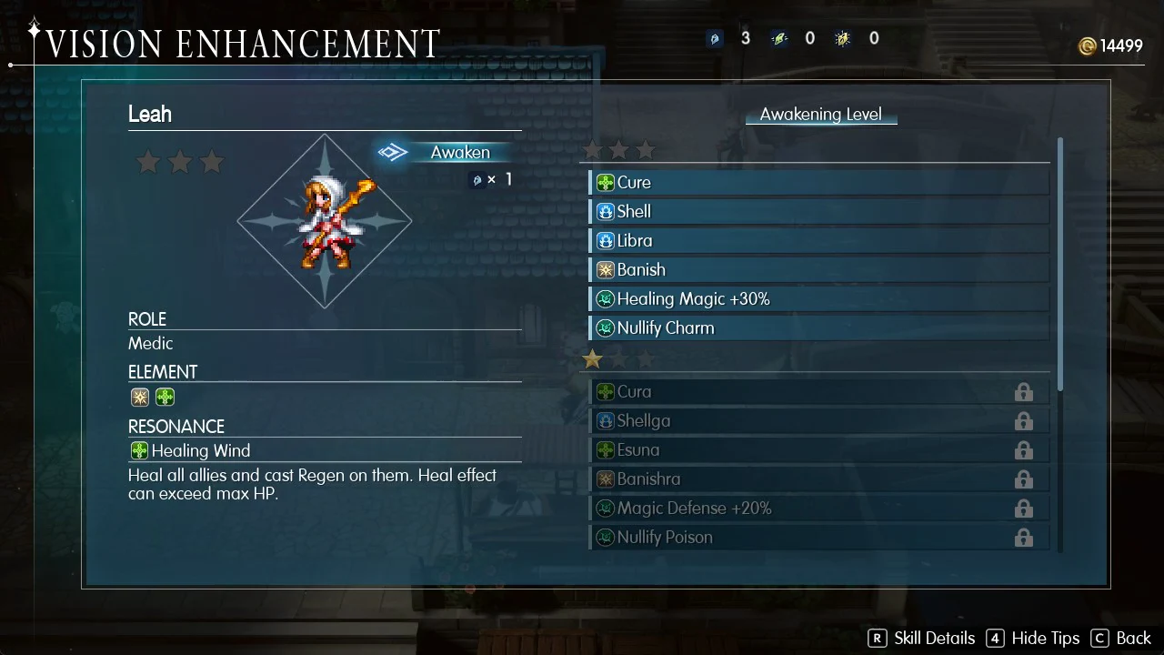Leah's Awakening Level panel on the Vision Enhancement screen with her Awaken option selected
