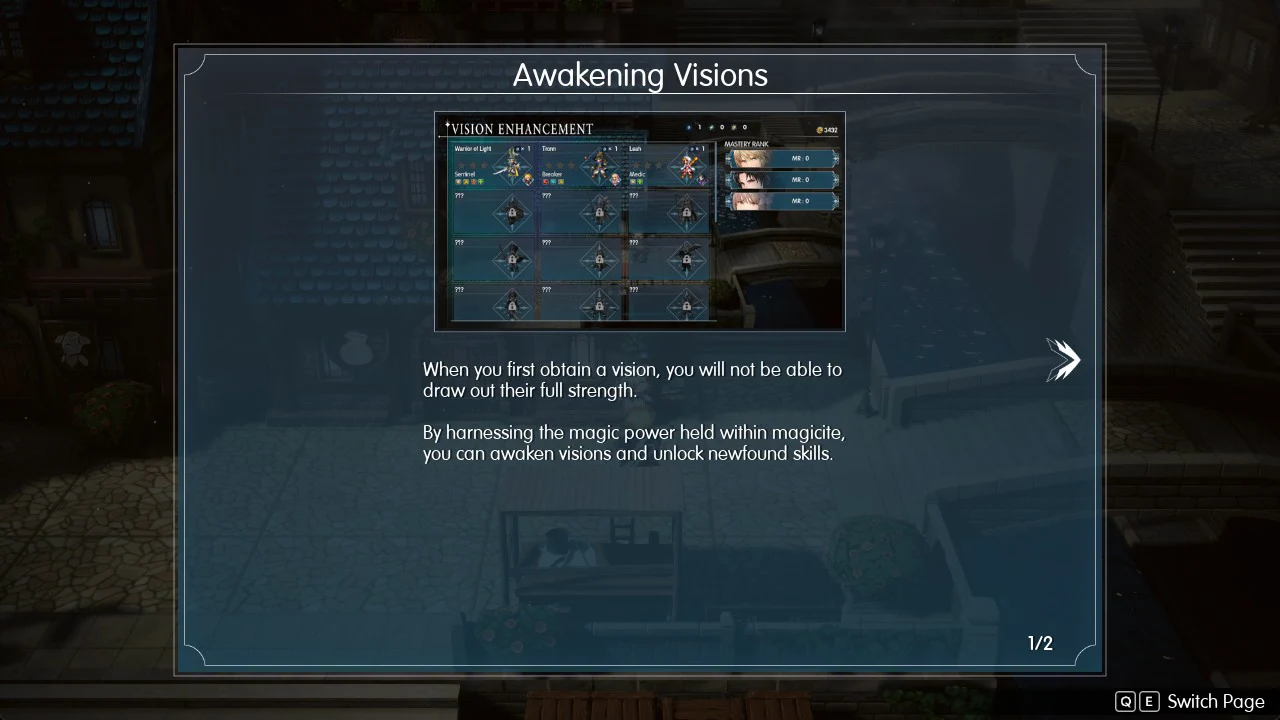 Awakening Visions tutorial on page 1/2 with an arrow to the next page