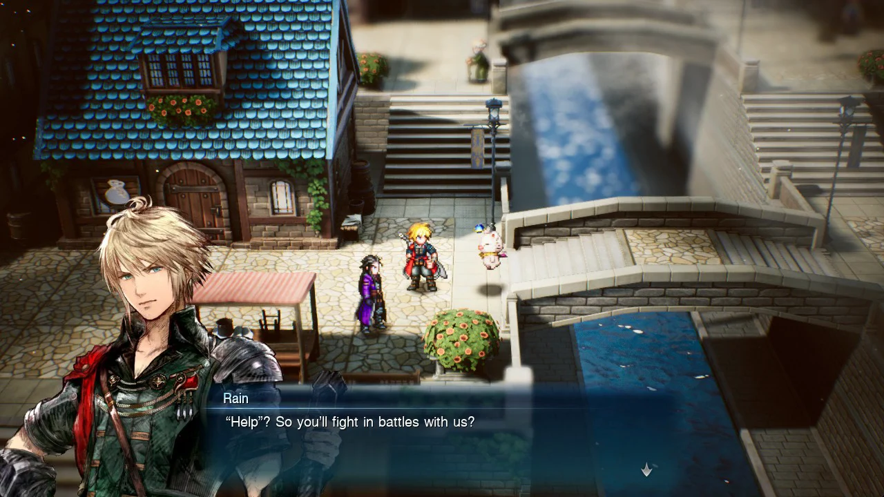 Rain's dialogue box by the Grandport Harbor canal asking whether the Moogle will fight in battles