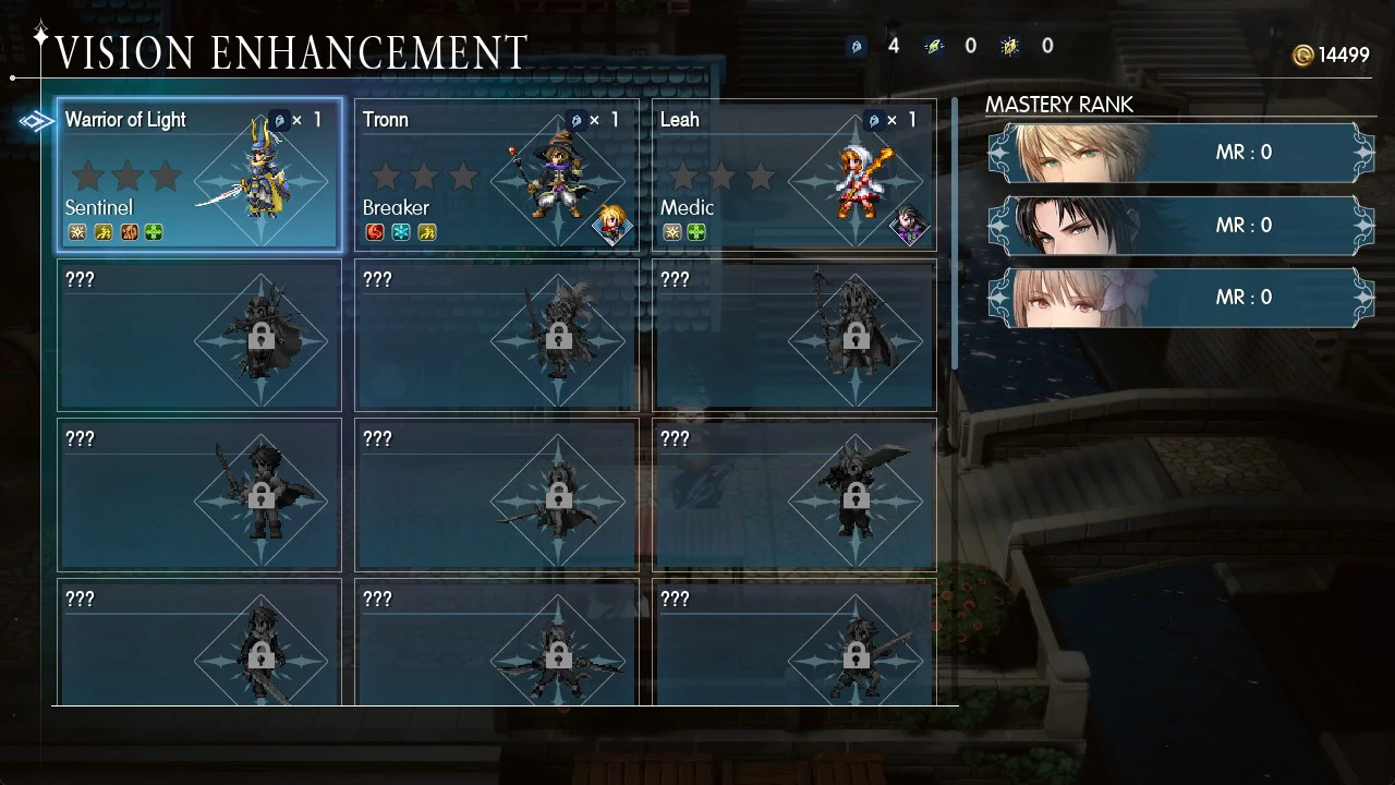 Vision Enhancement roster with the Warrior of Light card selected beside Tronn and Leah
