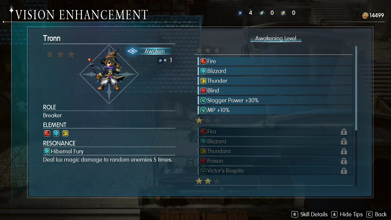 Tronn's Awakening Level panel with current skills, locked skills and the Awaken option highlighted