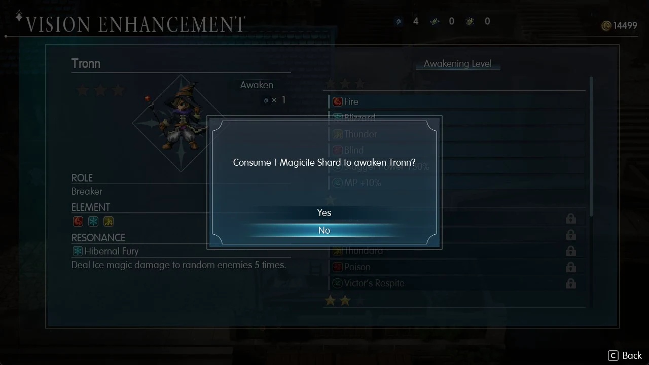 Confirmation dialog asking to consume 1 Magicite Shard to awaken Tronn