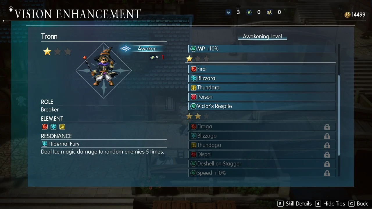 Tronn's Awaken option selected again, now showing his two-star skills and bonuses