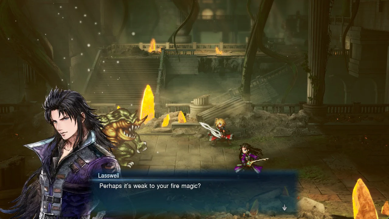 Battle dialogue box with Lasswell asking if the monster is weak to Rain's fire magic
