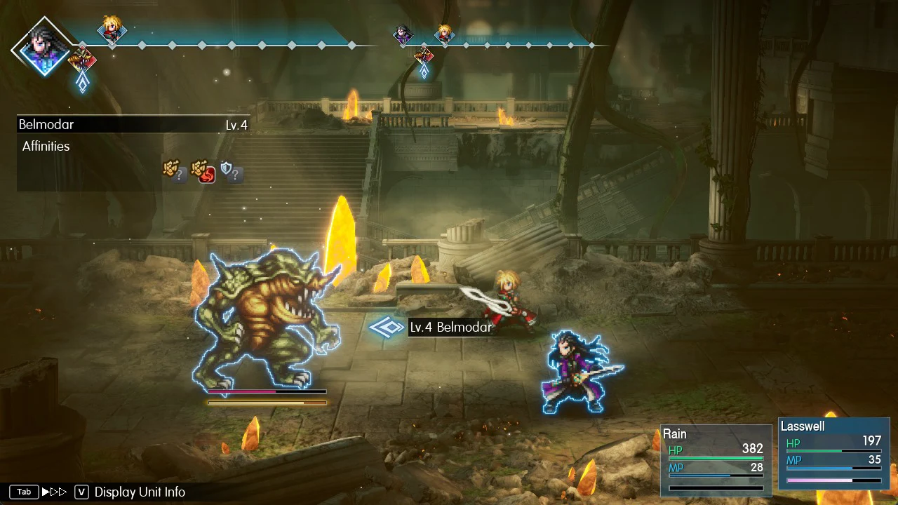 Lv. 4 Belmodar selected in battle with its Affinities panel open in the unit info view