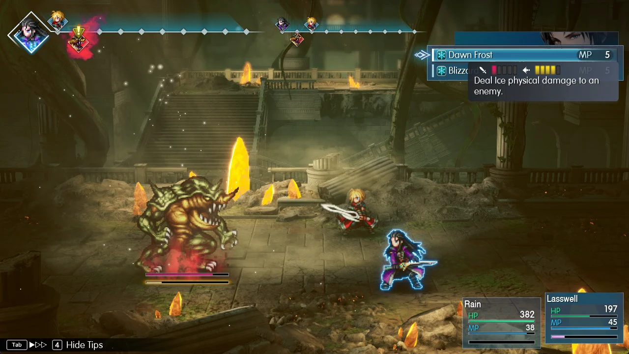 Battle skill menu with Dawn Frost highlighted at 5 MP and its tooltip shown