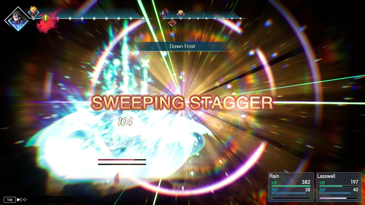 Dawn Frost hitting Belmodar for 104 damage with the Sweeping Stagger label