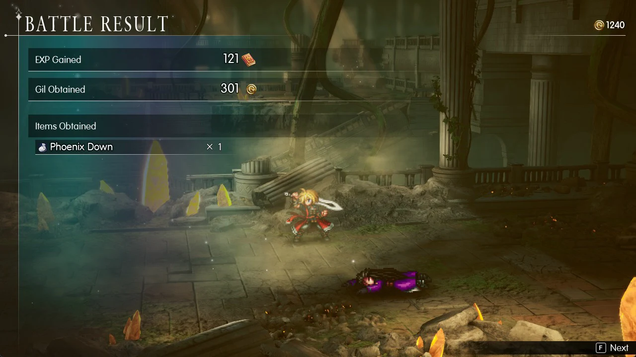 Battle Result screen listing 121 EXP, 301 gil and one Phoenix Down