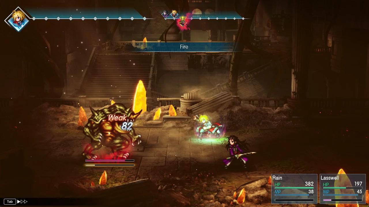 Rain's Fire spell hitting Belmodar for 82 damage with a Weak marker