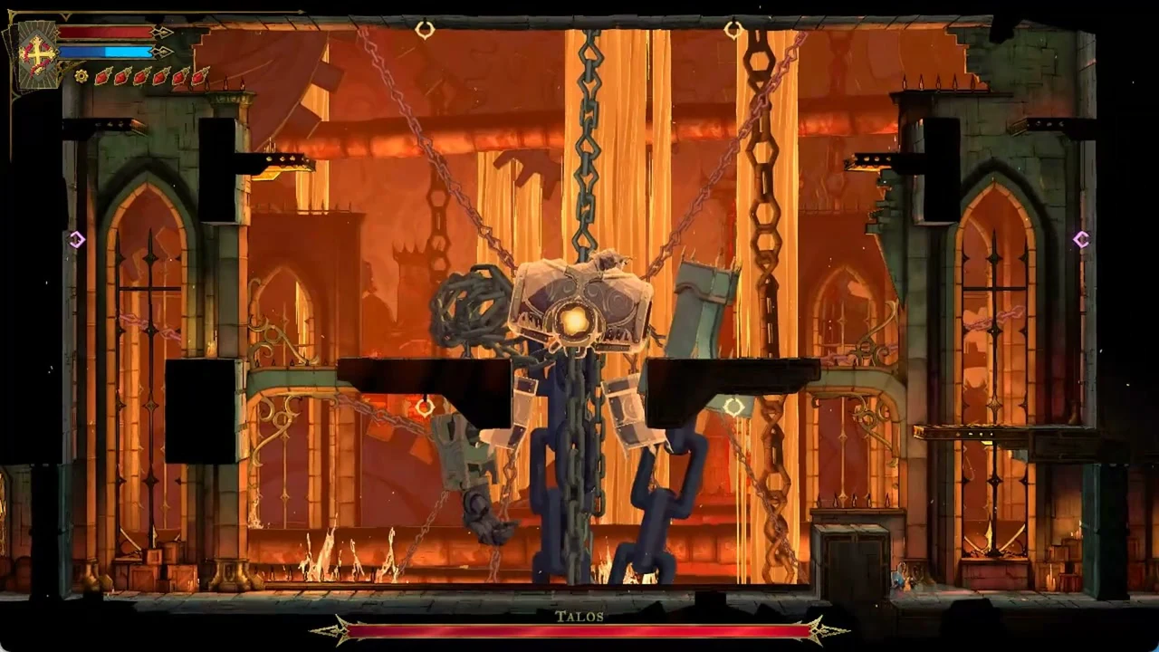 Talos without his shield, health bar on screen, with the character at the arena's right edge