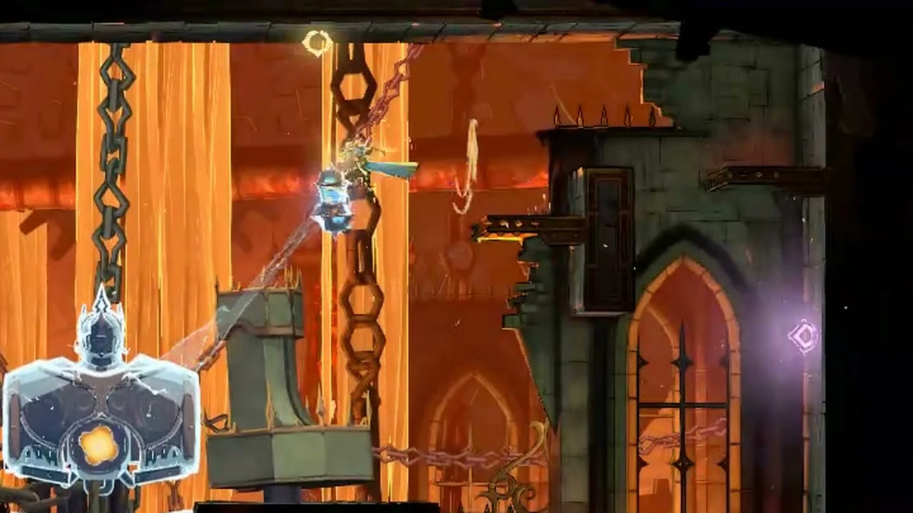 Character hanging beside the glowing top drone high in the orange-lit chamber
