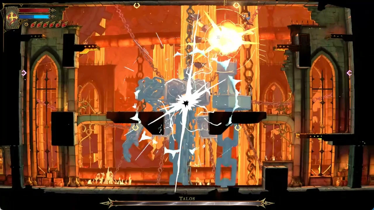 Bright impact effects across the fiery arena as Talos's blue shield breaks apart