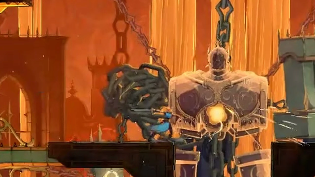 Character striking the glowing orange core in the chest of the chained, armored Talos