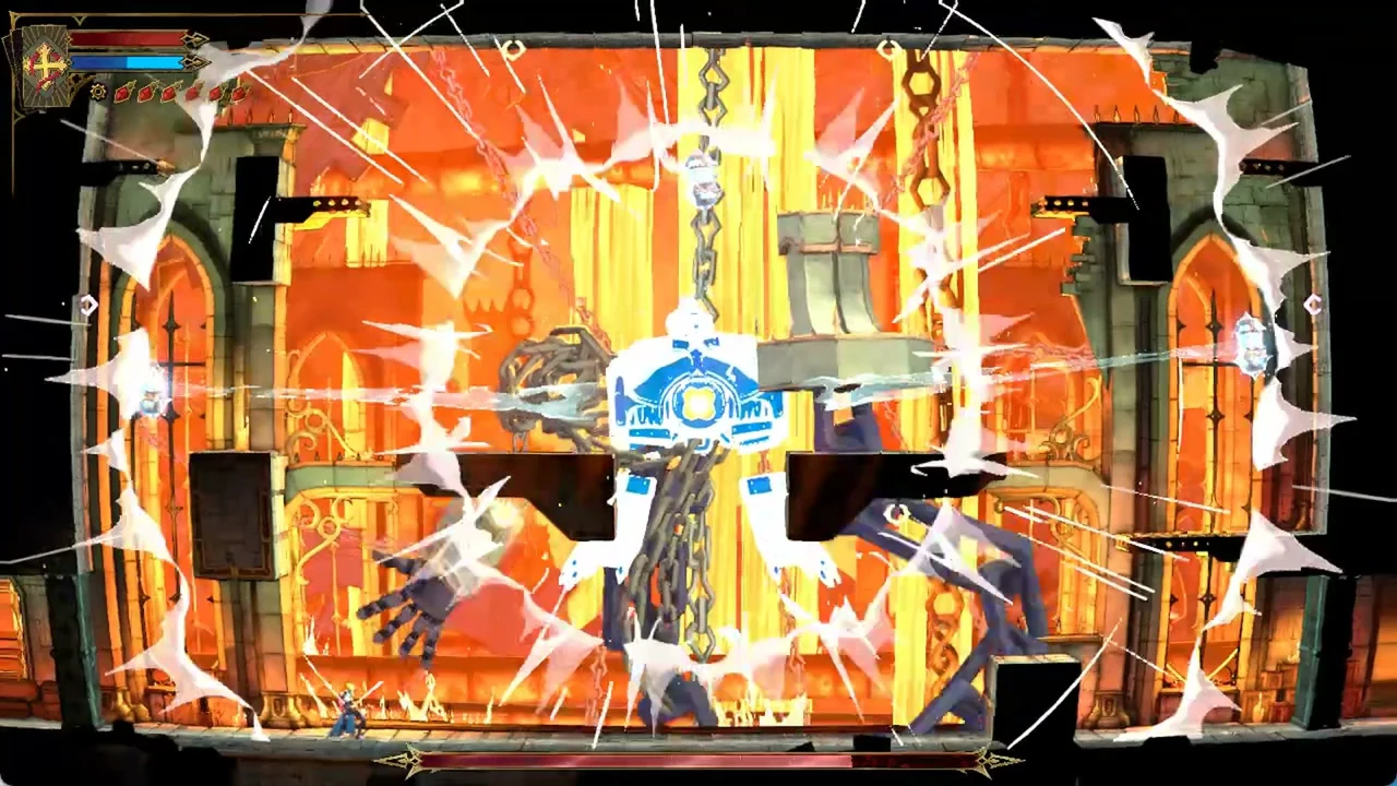Character fighting the chained Talos in the fiery arena, health and mana bars shown at top left