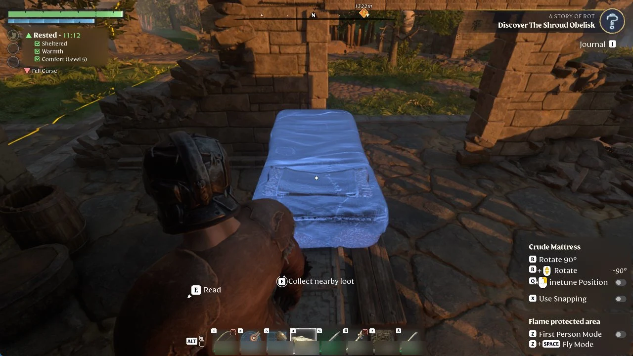 Crude Mattress placement preview on a stone floor with rotate and snapping controls listed