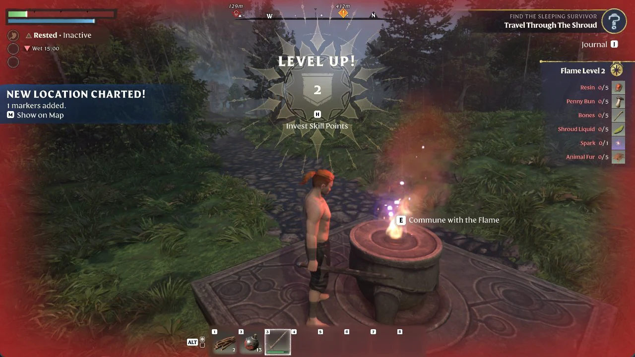 Commune with the Flame prompt alongside the Level Up screen showing Level 2 and the Invest Skill Points prompt