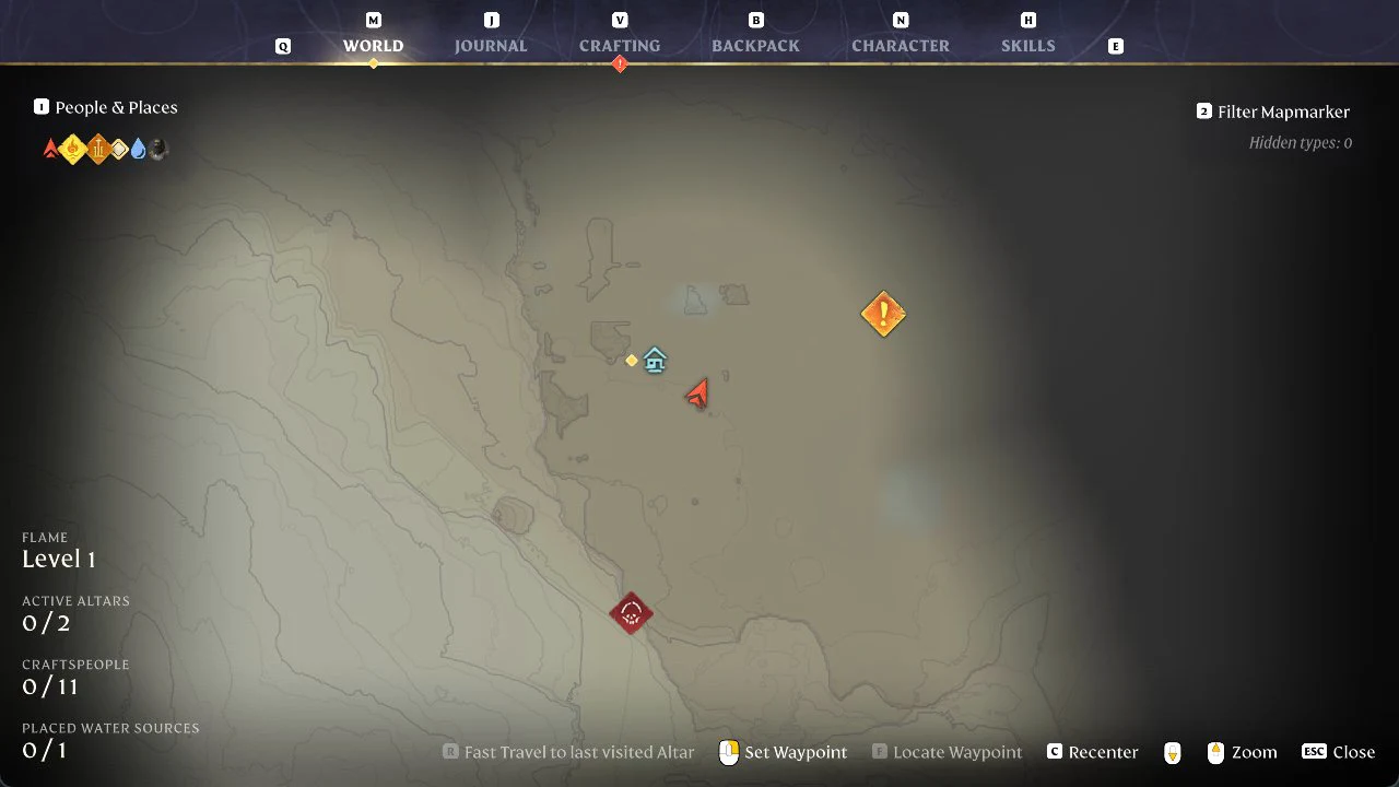 World Map panel showing Flame Level 1 and Active Altars 0/2 before the first altar is placed