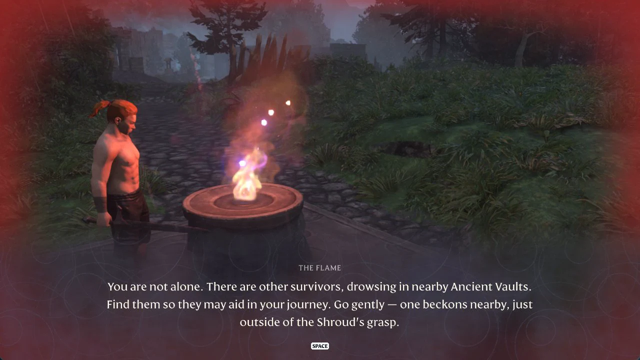 The Flame's message about survivors drowsing in nearby Ancient Vaults with a Space prompt to continue
