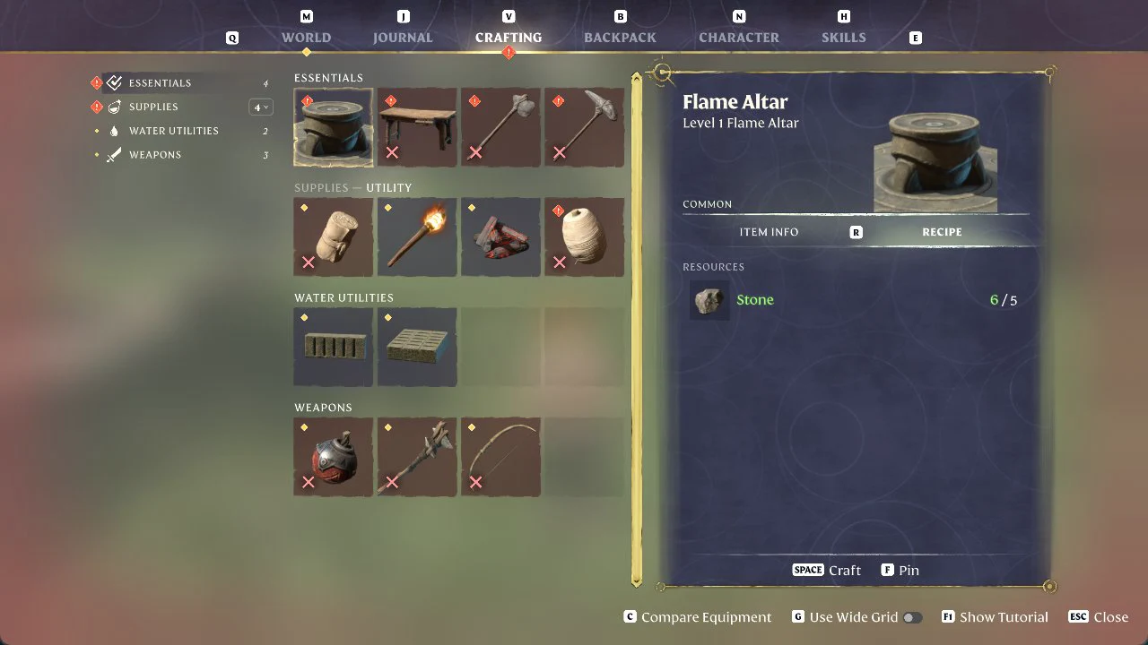 Crafting menu with the Flame Altar recipe selected and a prompt to press Space to craft
