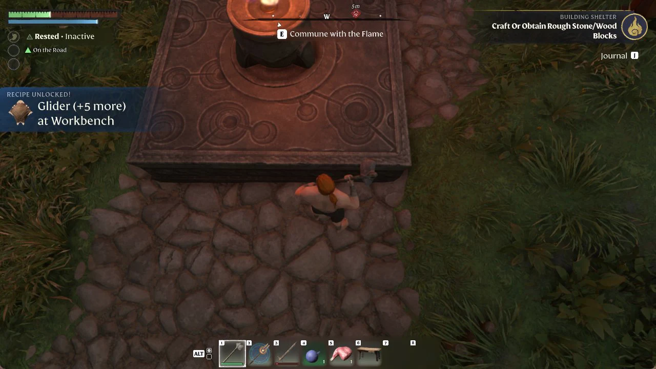 Quest tracker reading Building Shelter, Craft Or Obtain A Workbench, at the Flame Altar