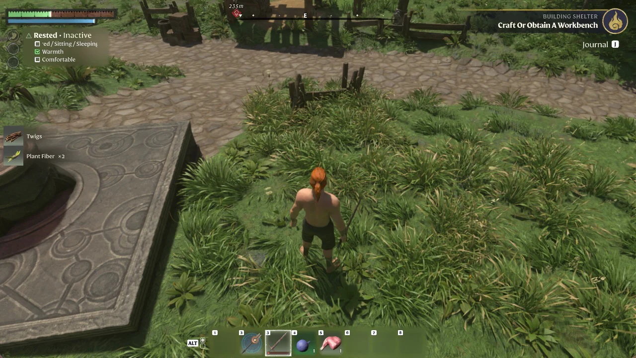 HUD showing the Craft Or Obtain A Workbench objective while picking grass for Twigs and Plant Fiber