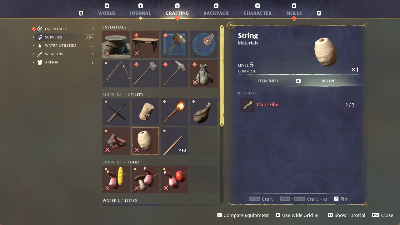 Crafting menu with String selected, showing the Plant Fiber requirement at 2 of 3