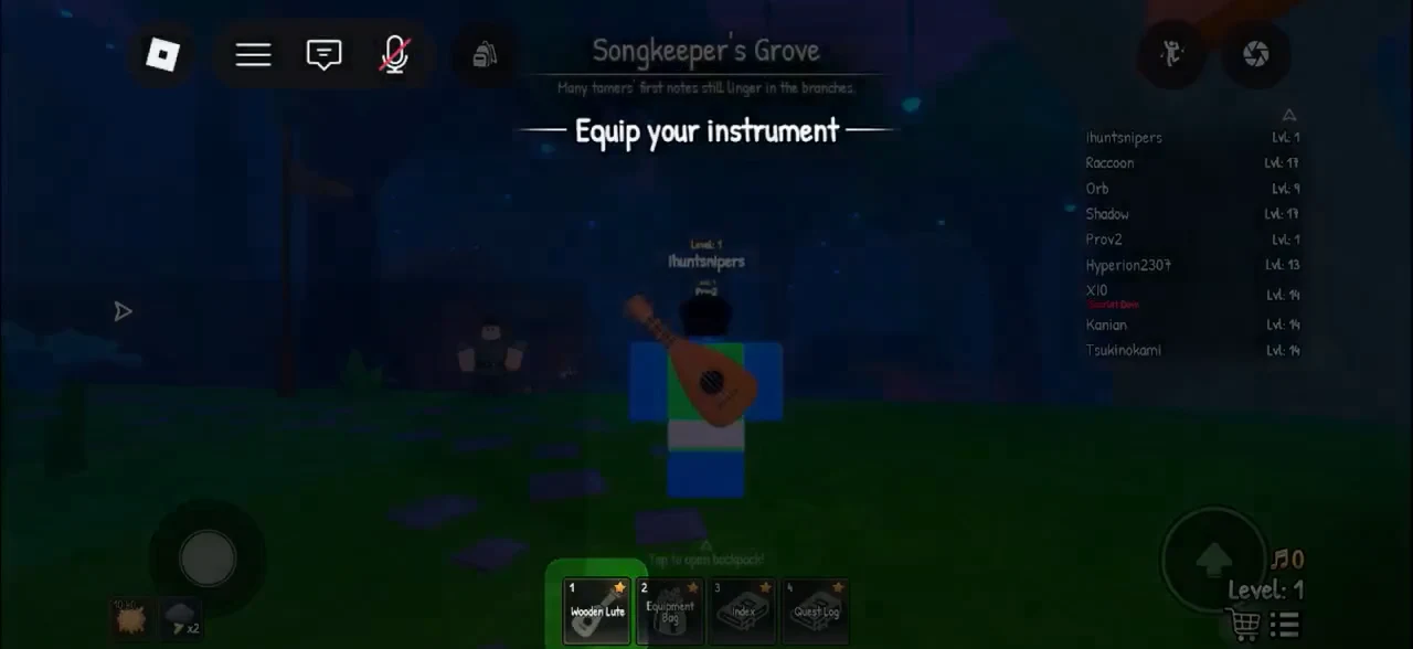 The Equip your instrument objective with the Wooden Lute highlighted in hotbar slot one