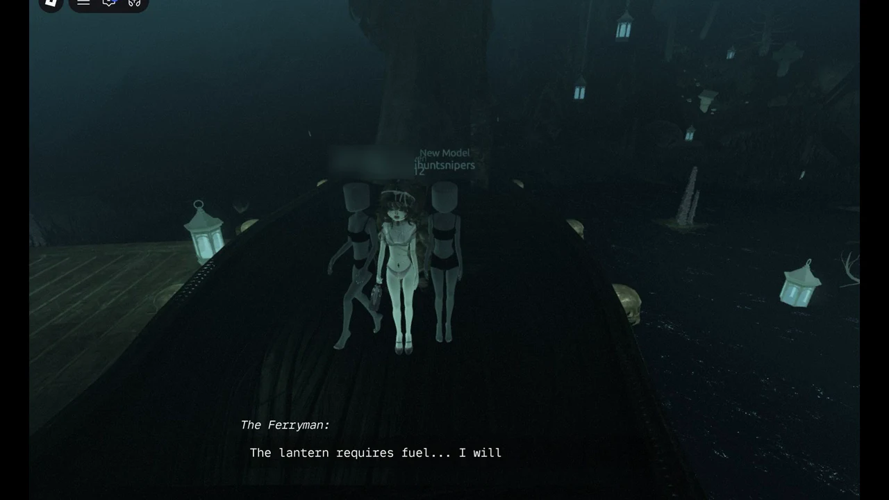 The Ferryman on the dark ferry saying the lantern requires fuel at the second orb stop