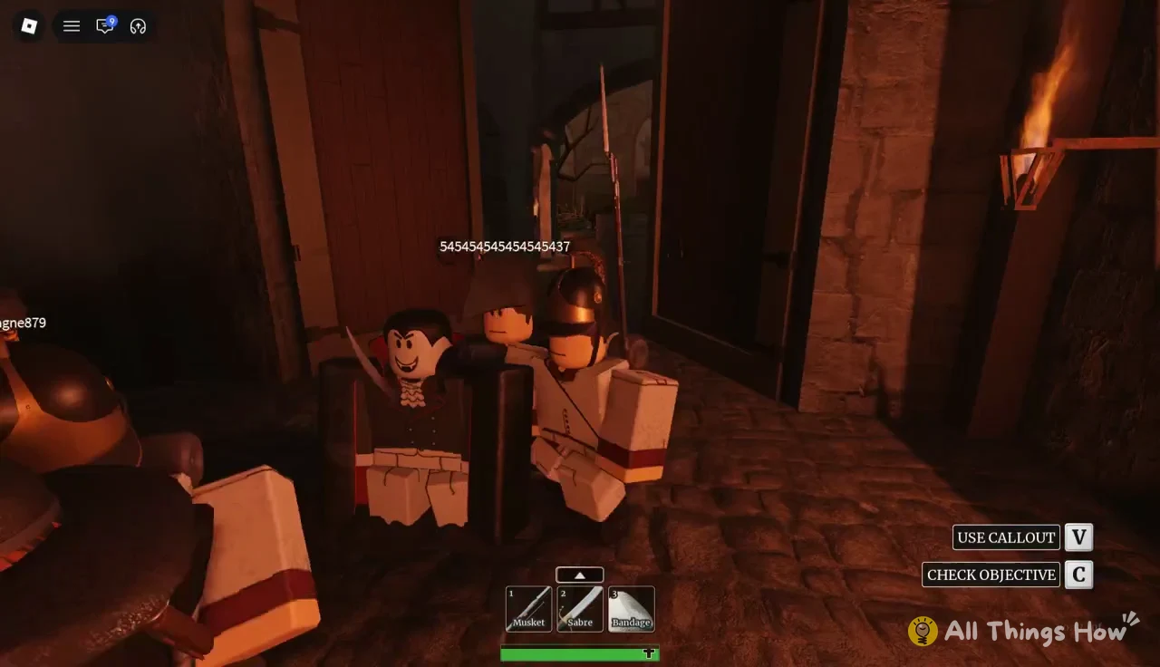 Soldiers gathered at a castle doorway with a Musket, Sabre and Bandage hotbar and objective prompts on screen