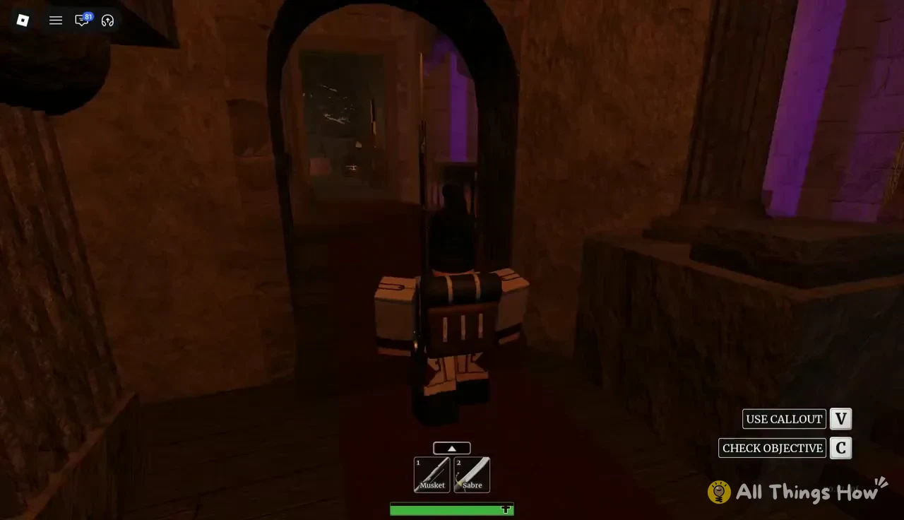 Player stepping through a stone archway toward the spiral staircase to the attic