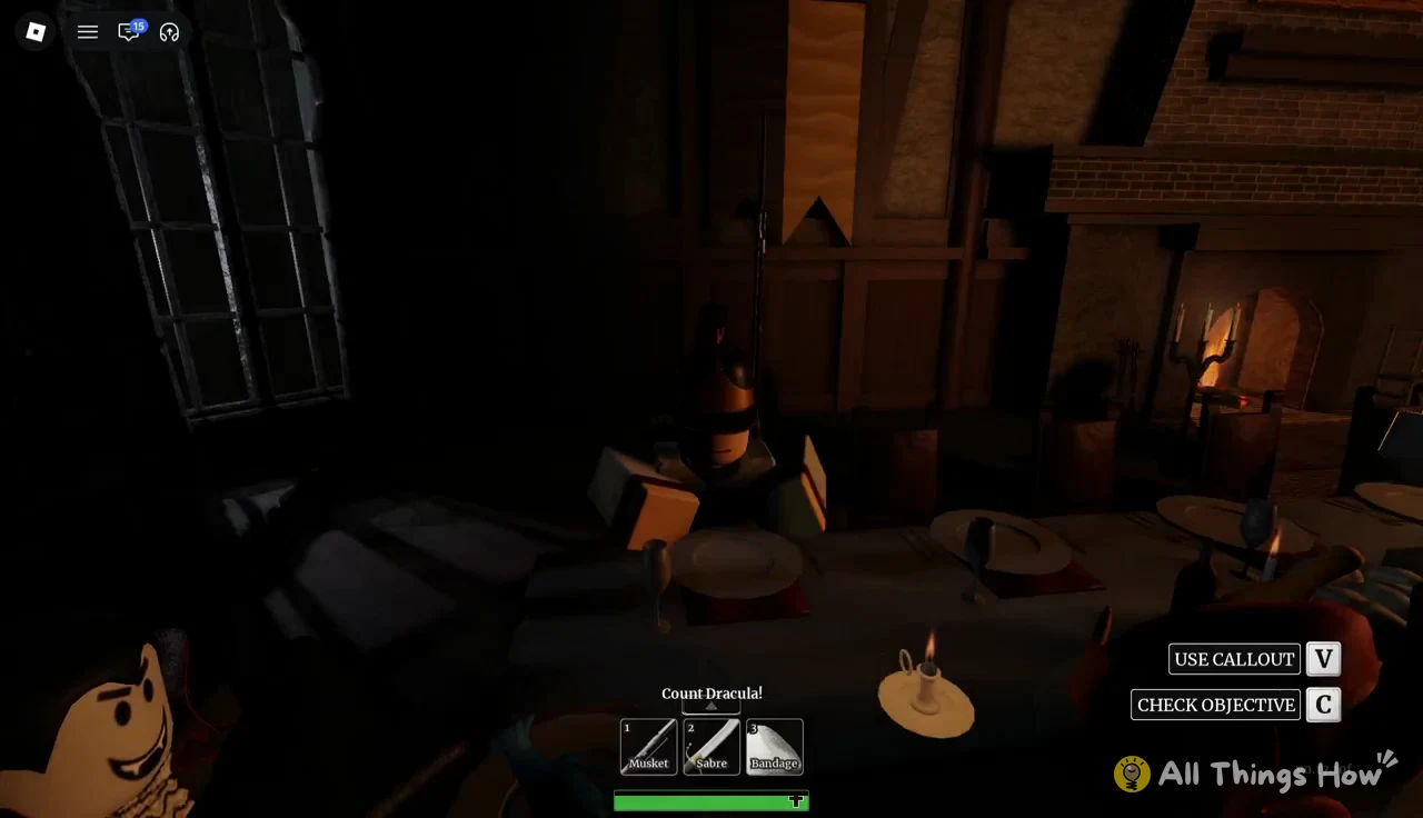Player facing the castle dining hall during the banquet dialogue with Count Dracula