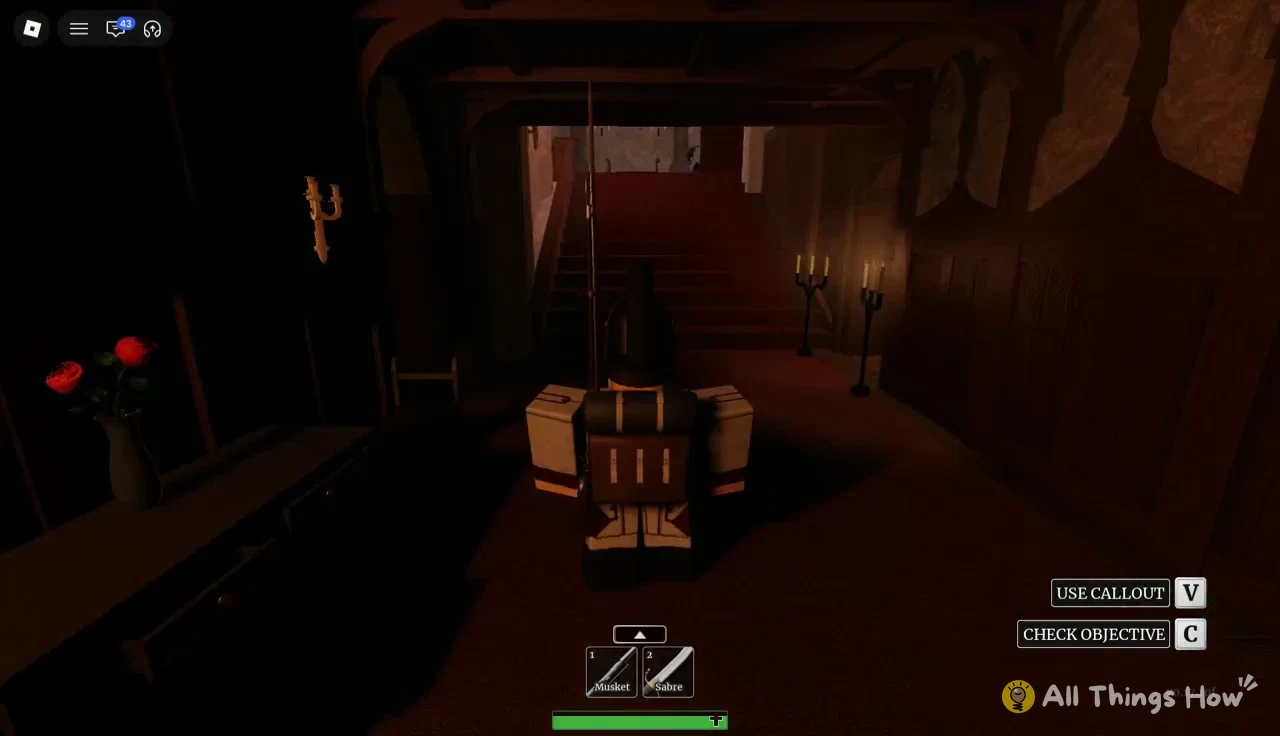 Player facing a castle staircase with Musket and Sabre equipped and the objective prompt visible