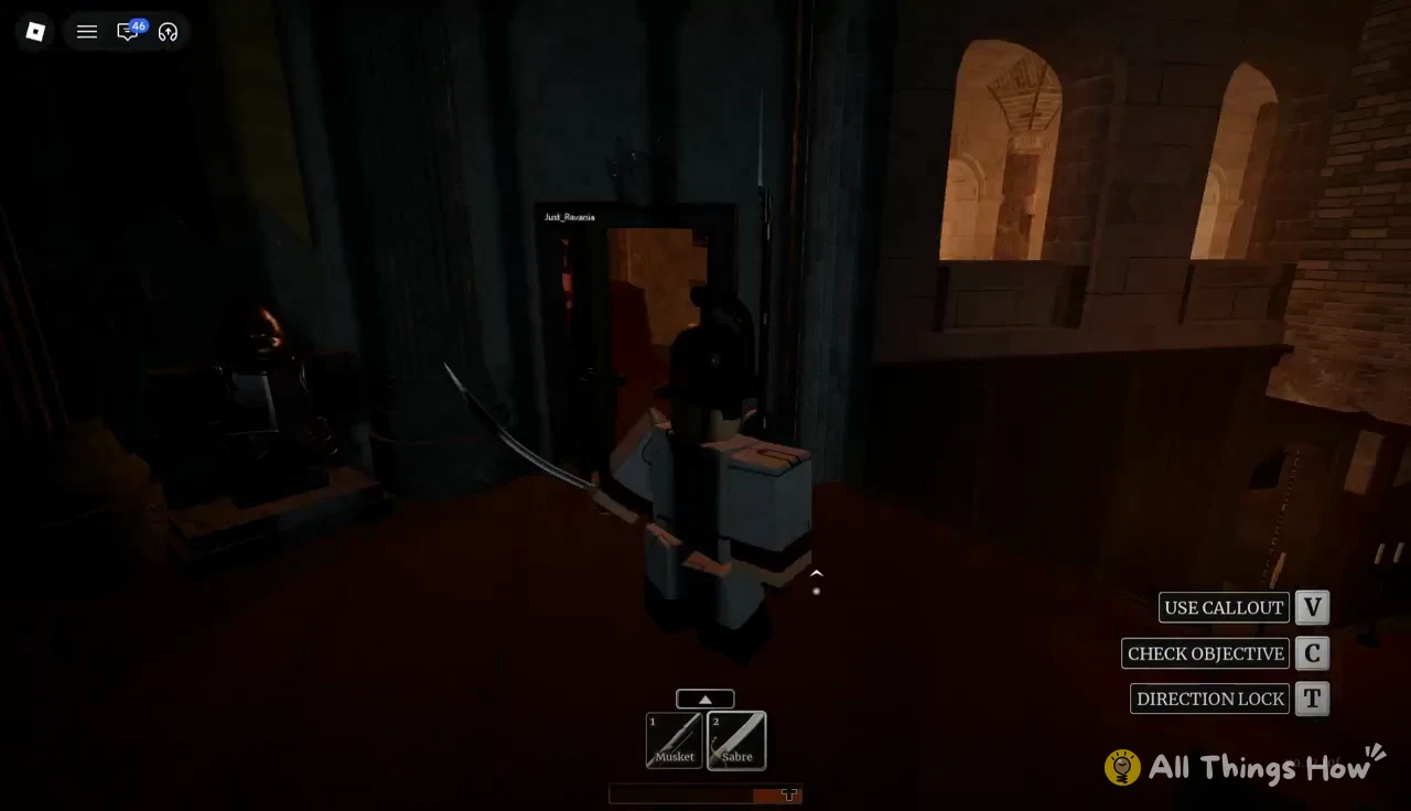 Player moving down a dim stone corridor with the Sabre selected in weapon slot 2