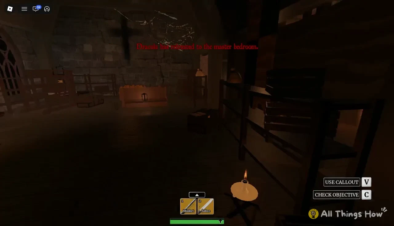 On-screen message announcing Dracula has retreated to the master bedroom while the player holds a Musket