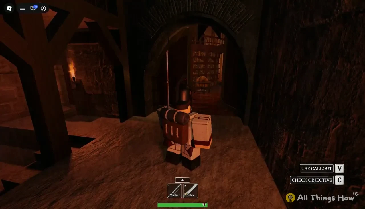 Player facing a stone archway inside the castle with Musket and Sabre in the hotbar