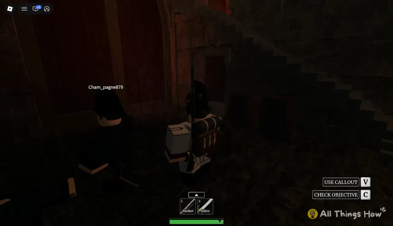 Player standing next to a teammate in a dark stairwell on the way to the master bedroom
