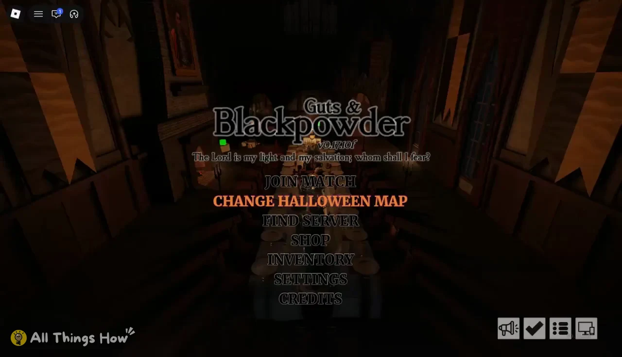Guts & Blackpowder main menu with the Change Halloween Map option highlighted over a castle banquet hall
