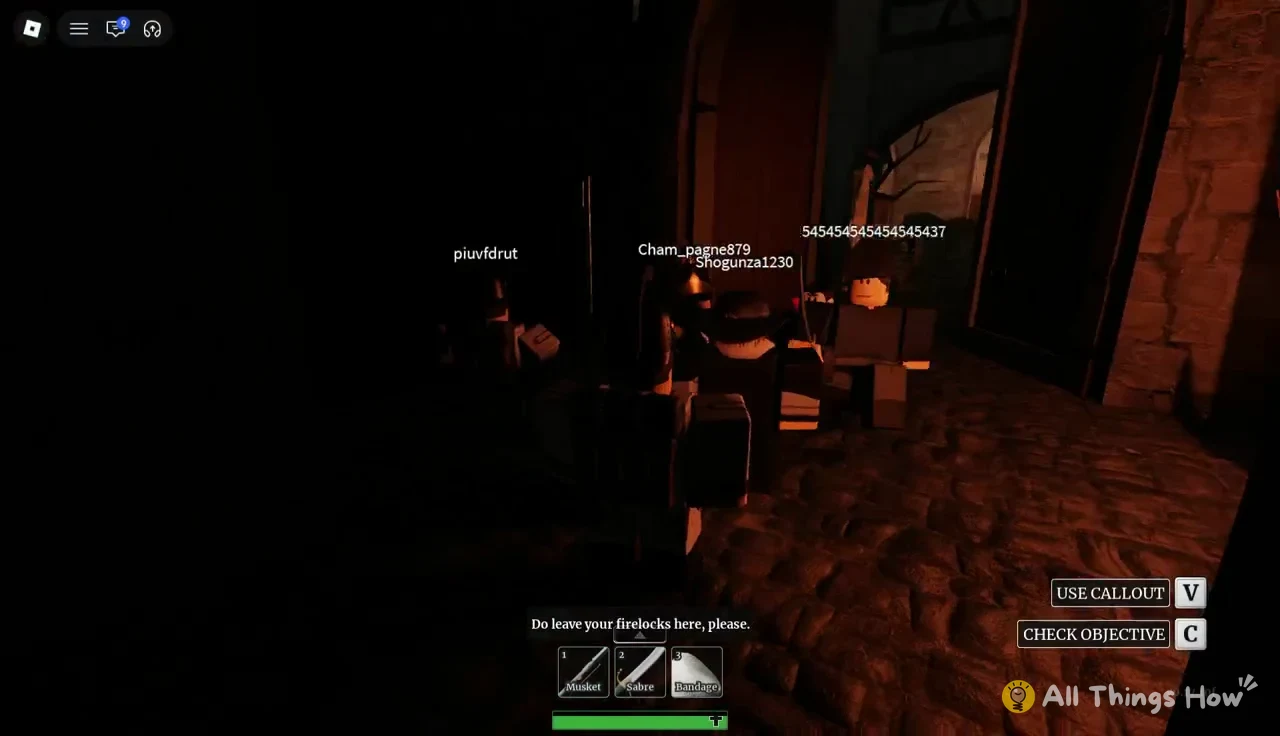 Subtitle reading Do leave your firelocks here, please as soldiers gather by a castle doorway