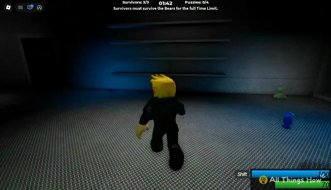 Survivor running across a room as the round timer counts down and the HUD tracks survivors and puzzles