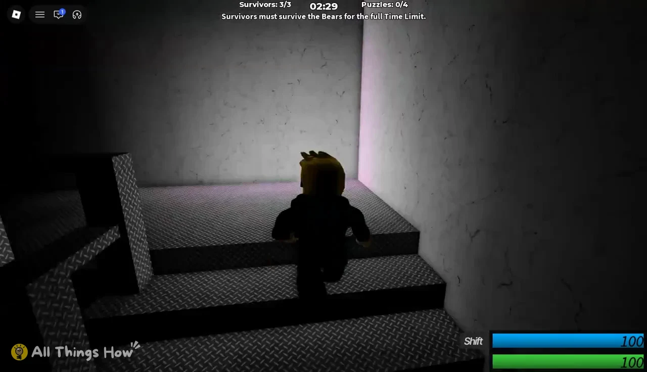 Survivor climbing metal stairs while the countdown runs, Shift sprint prompt on screen