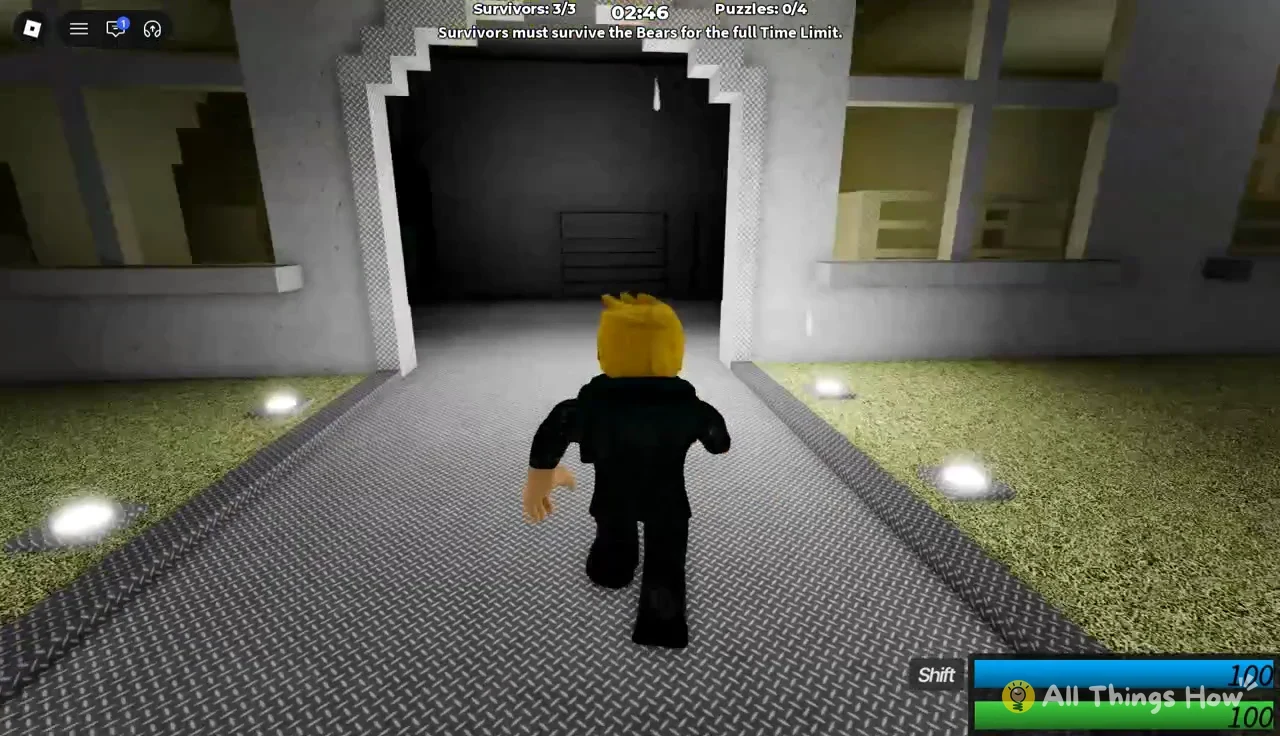 Survivor running through a doorway at round start, HUD showing 3/3 survivors and 0/4 puzzles