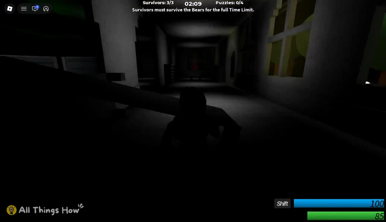 Survivor moving down a dark metal corridor with the timer at 02:41 and puzzles at 0/4