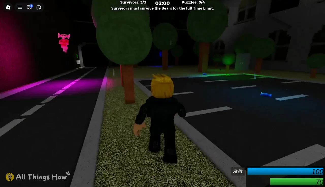 Survivor running on a night parking-lot path, HUD showing 3/3 survivors, 02:00, and 0/4 puzzles