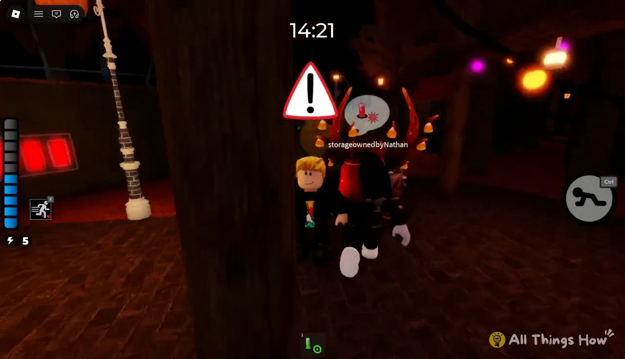 Avatar crawling behind a pillar while a warning alert hangs above another player
