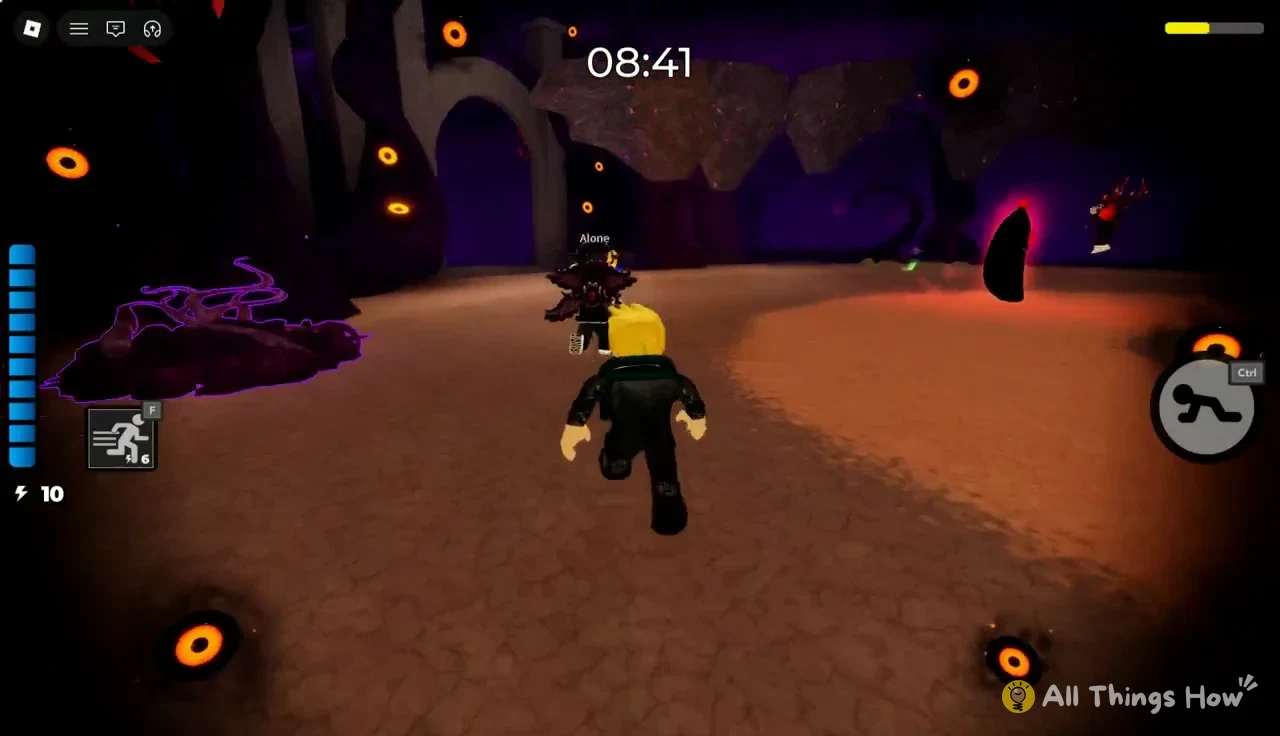 Avatar running across the arena toward another player with 08:41 on the timer