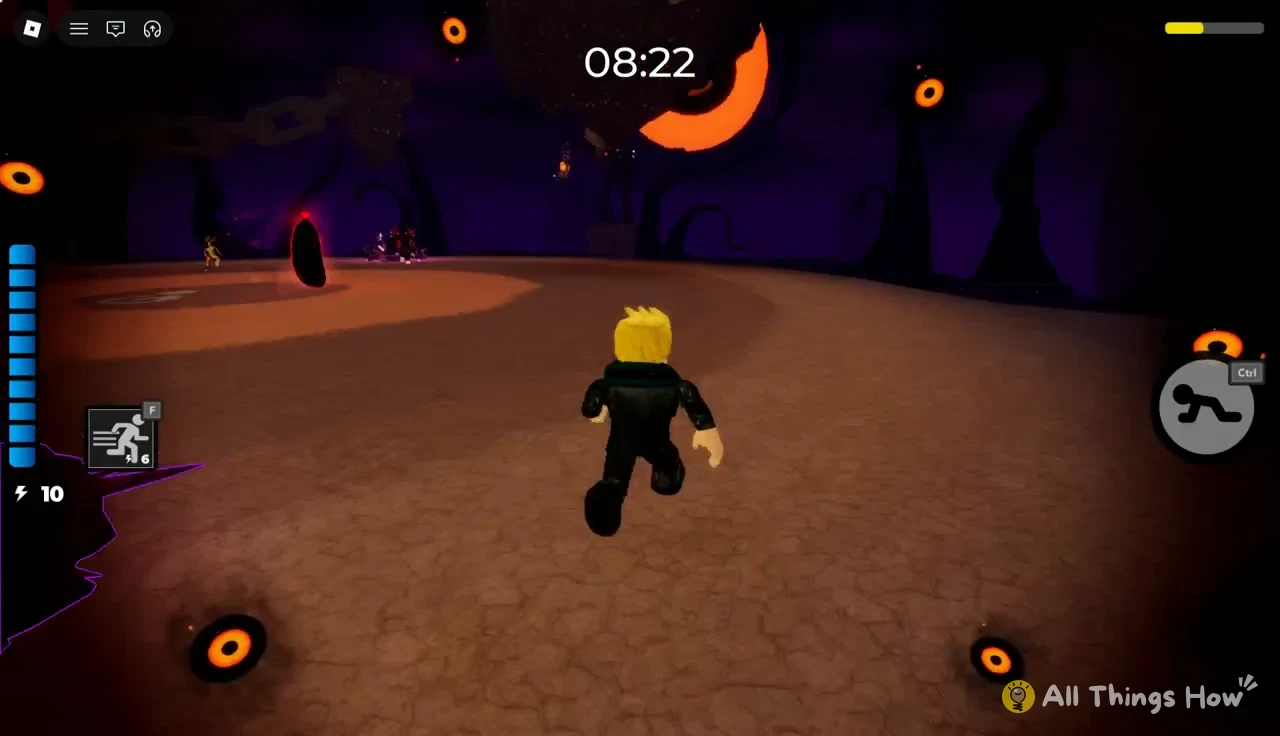 Avatar sprinting across the arena with six sprint charges and 08:22 on the timer